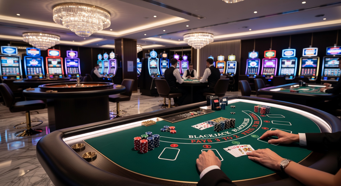 Vibrant casino floor with roulette wheels, slot machines, and card tables bustling under colorful lights