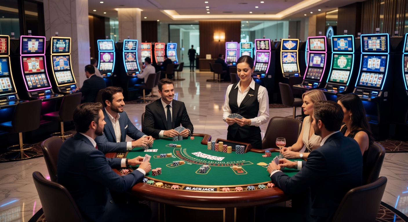 Close-up of a blackjack table with cards dealt, chips stacked, and players focused amid casino ambiance