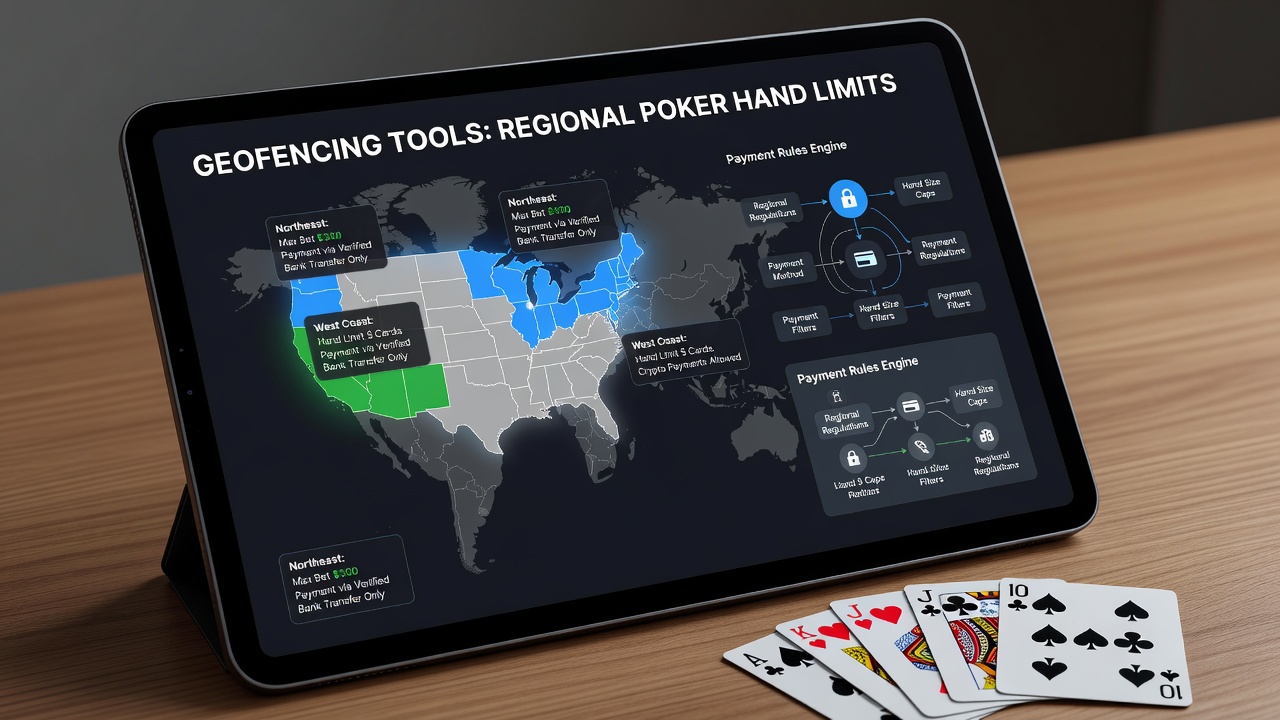 Geofencing technology interface showing poker table limits adjusted by location and payment jurisdiction