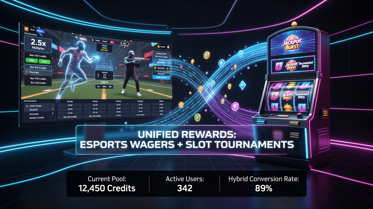 Hybrid esports and slot tournament platform interface showing unified rewards dashboard