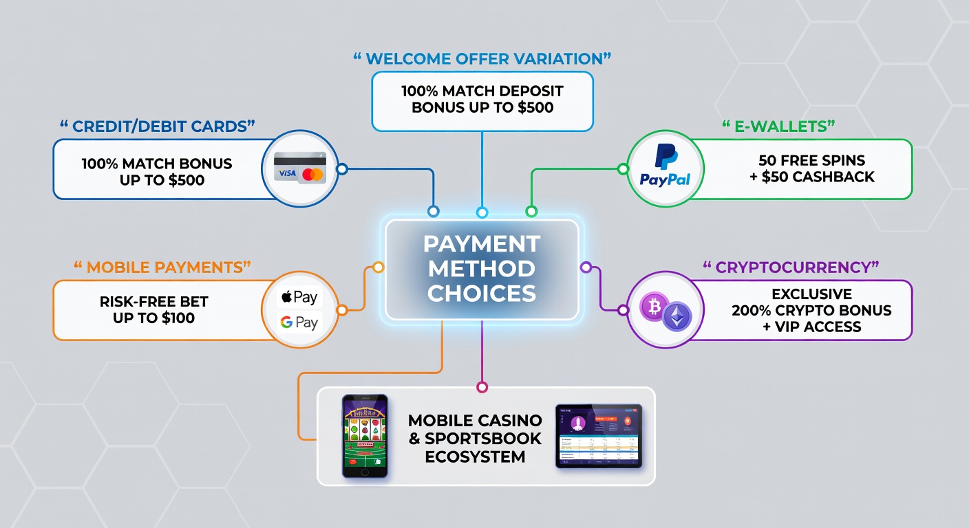 Sportsbook mobile screen displaying welcome bonus details alongside payment selection options