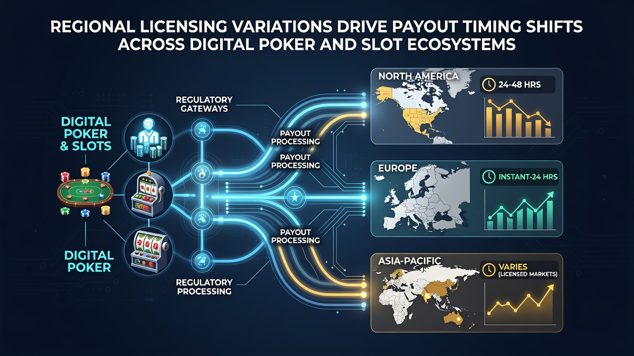 Slot game interfaces showing regional payout processing differences