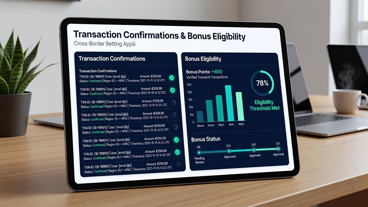 User interface screenshot illustrating pending transaction status and bonus eligibility indicators in a cross-border betting app